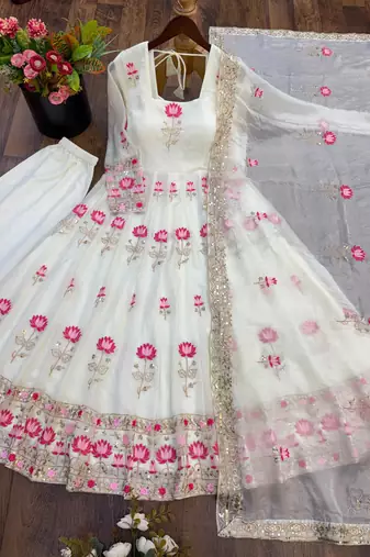 White silk blend embroidered flared gown set