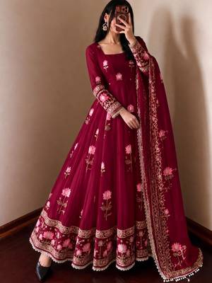 Wine silk blend embroidered flared gown set 1