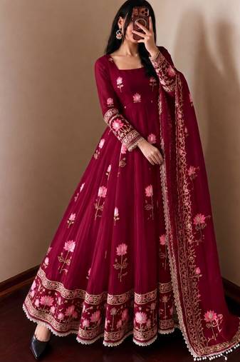 Wine silk blend embroidered flared gown set