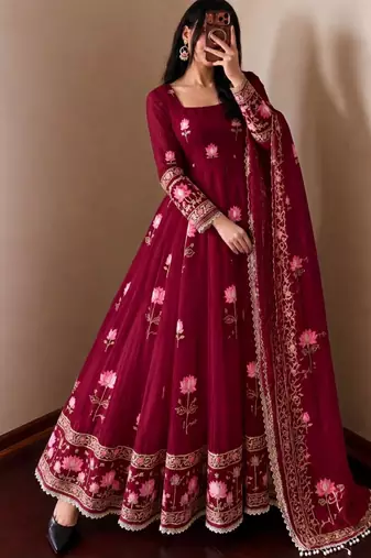 Wine silk blend embroidered flared gown set