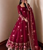 Wine silk blend embroidered flared gown set