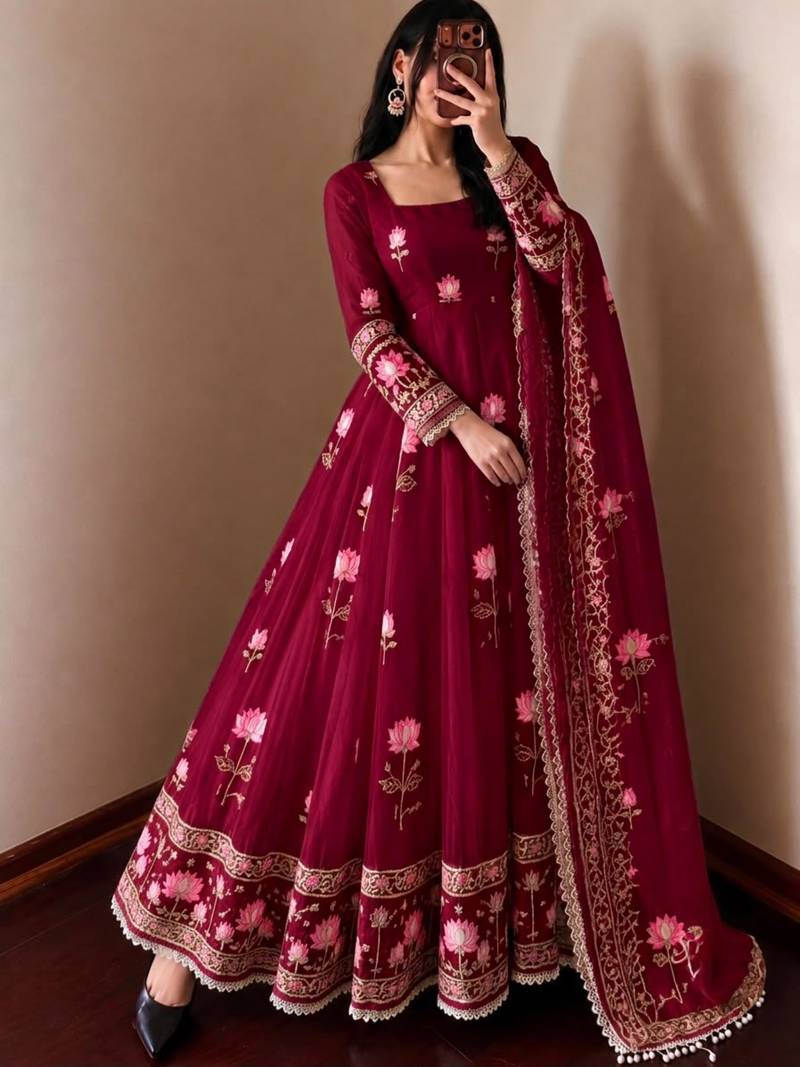 Wine silk blend embroidered flared gown set