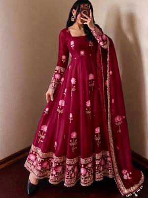 Wine silk blend embroidered flared gown set 2