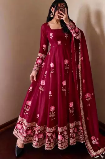 Wine silk blend embroidered flared gown set