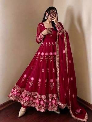 Wine silk blend embroidered flared gown set 3