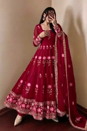 Wine silk blend embroidered flared gown set