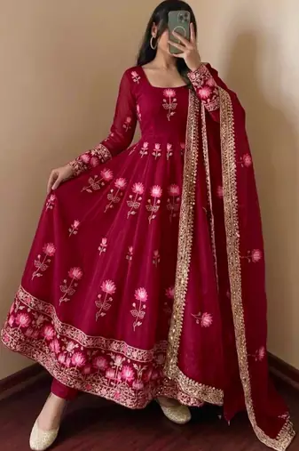 Wine silk blend embroidered flared gown set