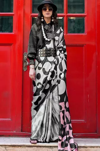 multicolor satin fusion saree