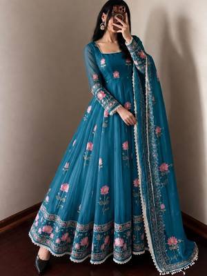 Blue silk blend embroidered flared gown set 1