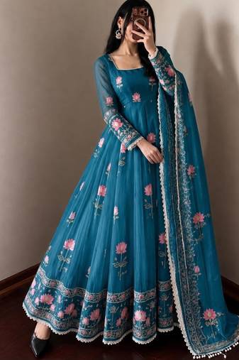 Blue silk blend embroidered flared gown set
