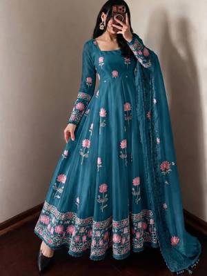 Blue silk blend embroidered flared gown set 2