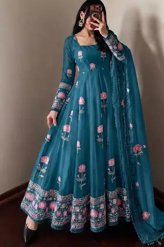 Blue silk blend embroidered flared gown set