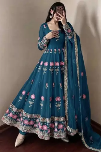 Blue silk blend embroidered flared gown set