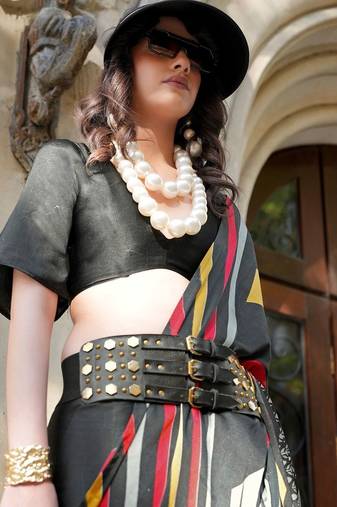 black satin fusion saree with blouse