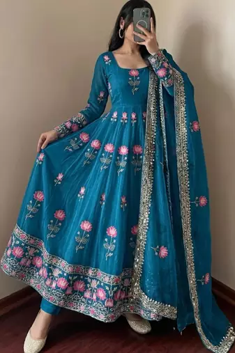 Blue silk blend embroidered flared gown set