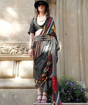 black satin fusion saree with blouse 2