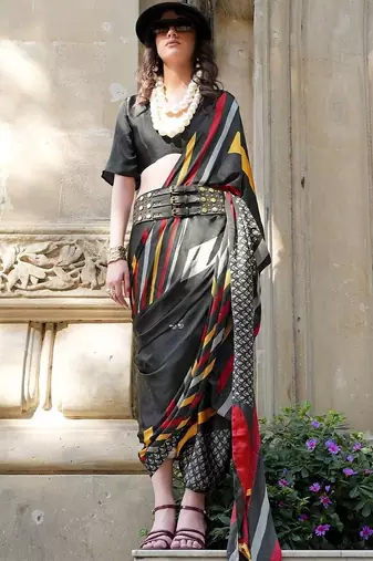 black satin fusion saree with blouse