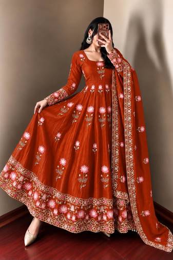 Orange silk blend embroidered flared gown set