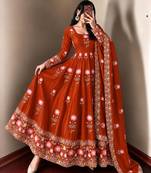 Orange silk blend embroidered flared gown set