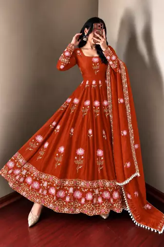 Orange silk blend embroidered flared gown set