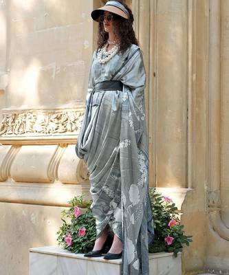 grey floral satin fusion saree 1