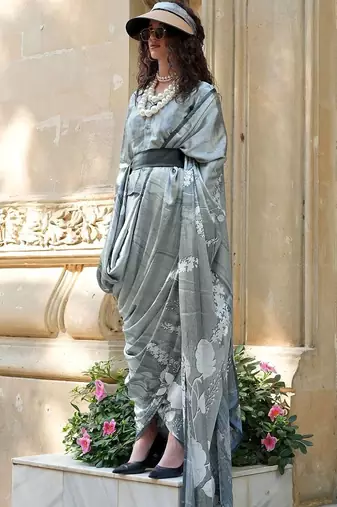 grey floral satin fusion saree