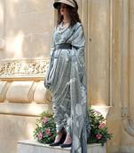 grey floral satin fusion saree