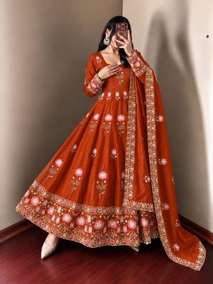 Orange silk blend embroidered flared gown set 3