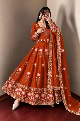 Orange silk blend embroidered flared gown set