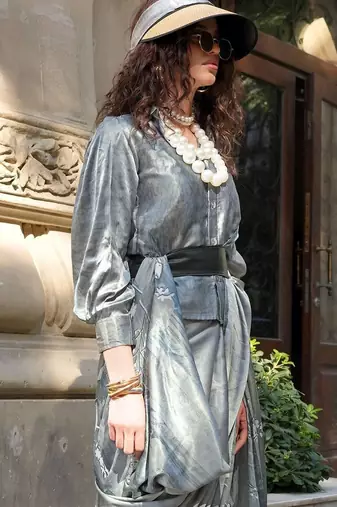 grey floral satin fusion saree