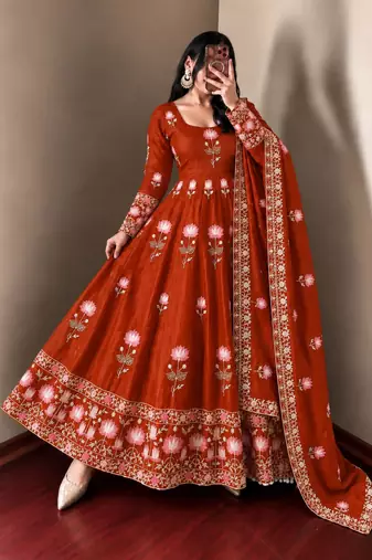 Orange silk blend embroidered flared gown set