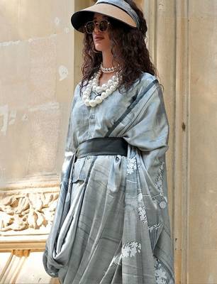 grey floral satin fusion saree 3