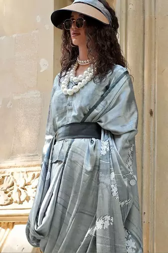 grey floral satin fusion saree