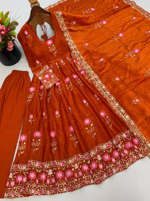Orange silk blend embroidered flared gown set 5