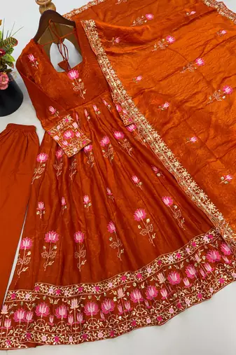 Orange silk blend embroidered flared gown set