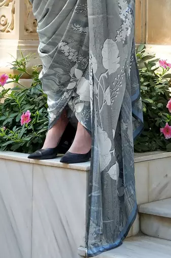 grey floral satin fusion saree