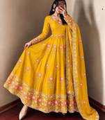 Yellow silk blend embroidered flared gown set