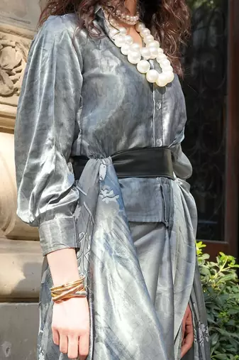 grey floral satin fusion saree