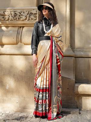 cream satin fusion saree 1