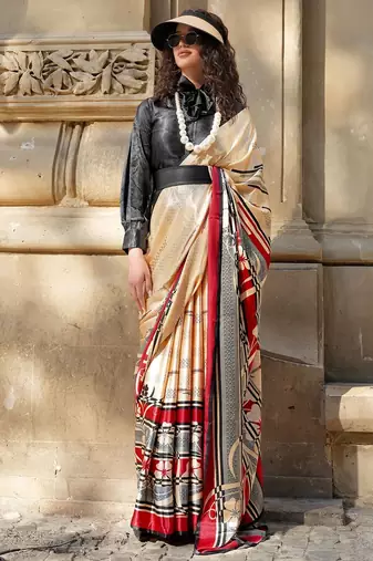 cream satin fusion saree