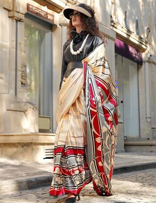 cream satin fusion saree 2