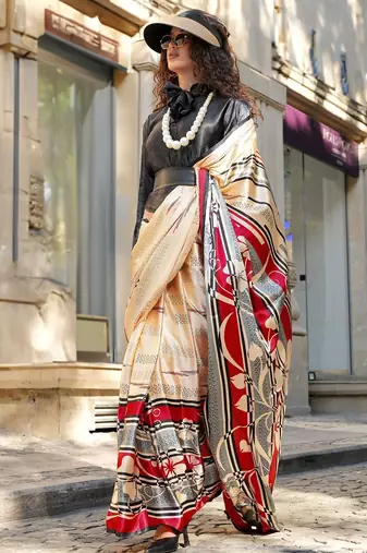 cream satin fusion saree