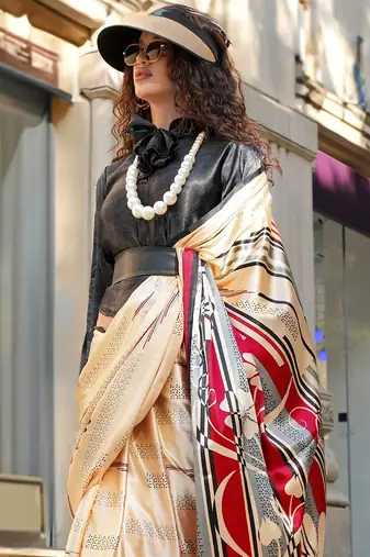 cream satin fusion saree