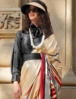 cream satin fusion saree 4