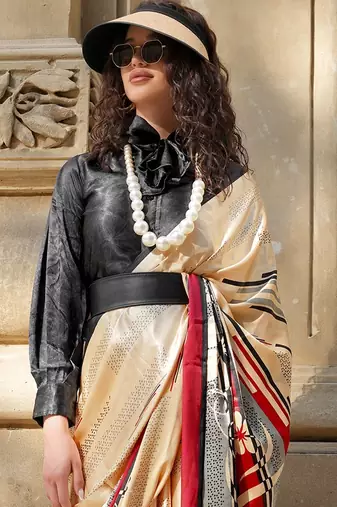 cream satin fusion saree