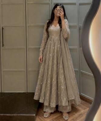 Grey silk blend embroidered palazzo set 1
