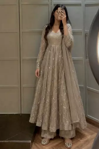 Grey silk blend embroidered palazzo set