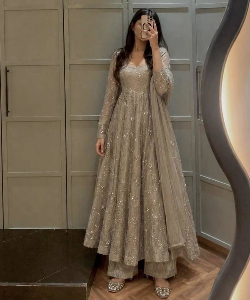 Grey silk blend embroidered palazzo set