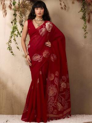 red floral art silk blend designer tussar saree 1