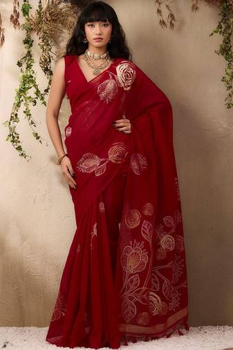red floral art silk blend designer tussar saree